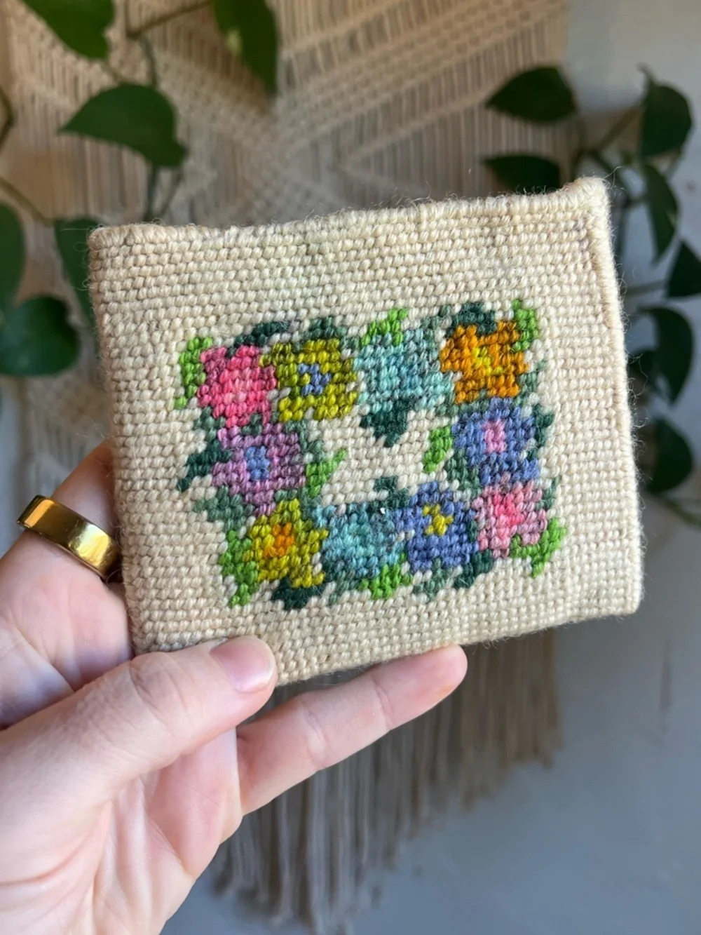 Vintage Needlepoint Coin Purse Floral Point Handmade Cottagecore Embroidered